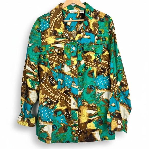 Richard Malcolm Women's 1X Linen Artsy Maximalist Boho Eclectic Peacock Jacket - Picture 1 of 11
